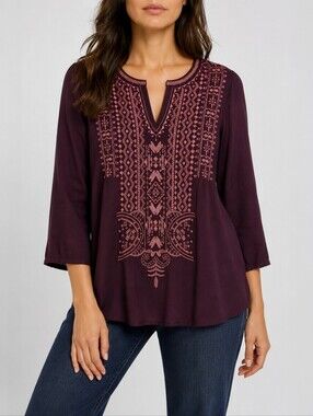 Pure Jill J Jill Burgundy Embroidered Peasant Tunic Top SP